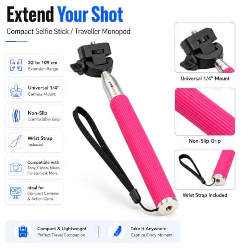 Selfie Stick - Traveller Monopod for Compact Digital Cameras, Action Cam - Works with Sony, Canon, Nikon, Panasonic and More with 1/4" Screw - Wrist Strap Included - Range: 22 to 109 cm - Pink — view 2