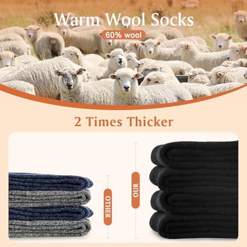 Niorasen Thermal Wool Socks for Women 5 Pairs Multipack, Ladies Warm Winter Walking Hiking Crew Socks for Boots, Thick Comfy Cushioned, Black & Multicolour, Valentines Birthday Gifts for Girlfriend — view 3