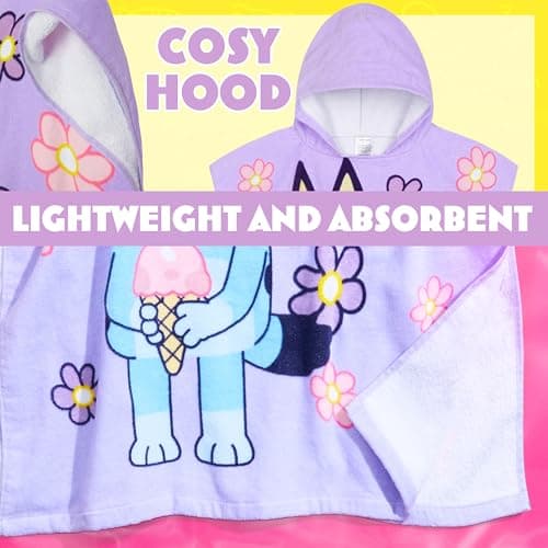Bluey Bath Towel with Hood for Kids Absorbent Changing Robe Cotton Poncho for Swimming Bath Shower Beach Towel Holiday Essentials (Purple, 3-8 Years) — view 4