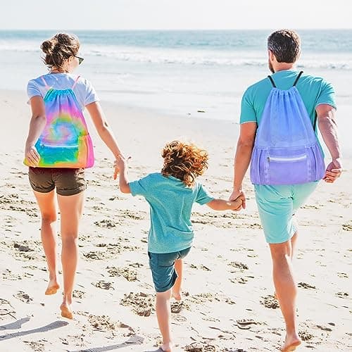 Mesh Drawstring Bag with Zipper Pocket, Beach Bag for Swimming Gear Backpack Gym Storage Bag for Adult Kids — view 3