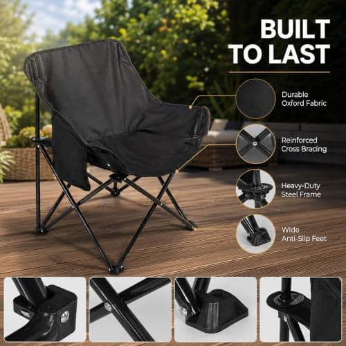 HomlyPro Folding Camping Chair, Pack of 1 - Lightweight & Durable Metal Frame, Compact Outdoor Chair for Adults, Perfect for Fishing, Picnics, Beach, Garden, and Outdoor Uses (Black) — view 5