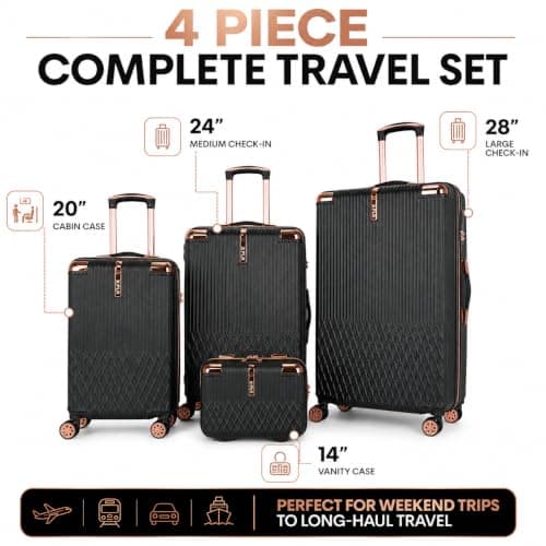 XPLR 4 Piece Hard Shell Luggage Set - Durable ABS Lightweight Suitcase - 14" 20" 24" 28" Cabin Carry On - TSA Lock - 360° Spinner Wheels - Rose Gold Trim & Vanity Case (Midnight Noir) — view 2