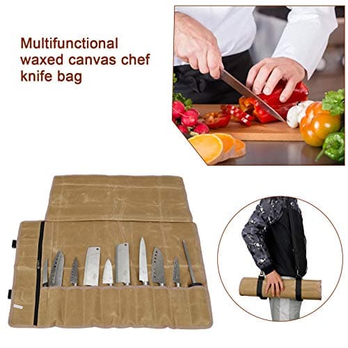QEES Chefs Knife Roll Bag 11 Slots, Heavy Duty Waxed Canvas Knife Bag, Waterproof Knife Case for Camping, Hiking, Multi-function Tool Roll Bag (Khaki) — view 5