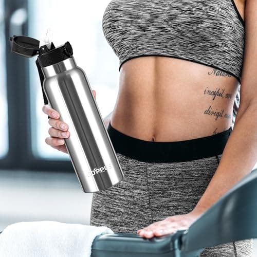 GOPPUS 750ml/26oz Stainless Water Bottle with Straw Double Wall Insulated Bottles with Strap Reusable Vacuum Thermal Flask Leakproof Keep Cold Drinks Bottles with Flip Top Lid BPA Free (Silver) — view 6