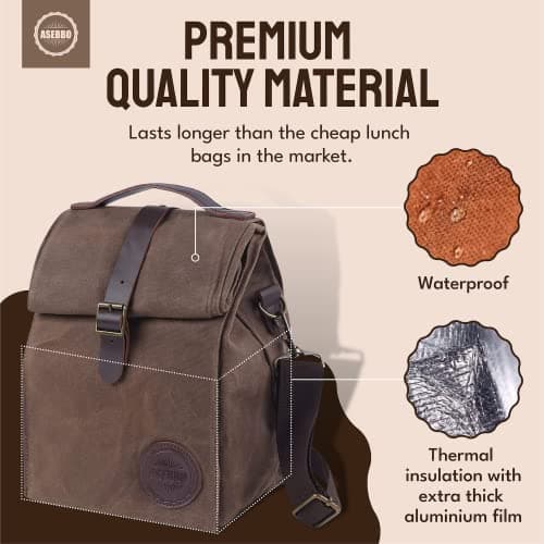 ASEBBO Insulated Lunch Bag for Men, Women - 10L Waxed Canvas Cool Bag with Genuine Leather Handle and Strong Buckle Closure, Reusable Lunch Cooler Bag for Adults Work School Picnic Food (Brown) — view 2