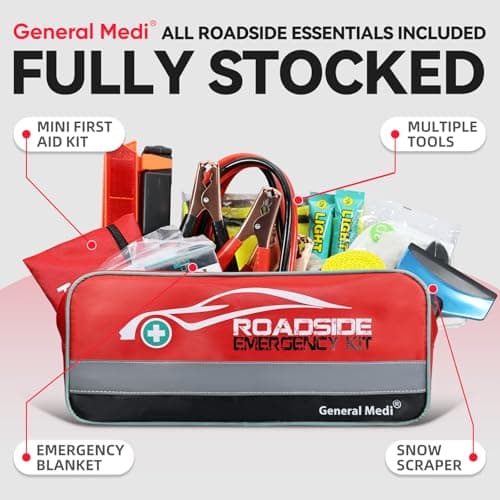 General Medi 127-Pieces Roadside Car Emergency Kit Include Mini First Aid Kit, Jumper Cables,Tow Rope, Bandage, Safety Vest, Emergency Triangle, All in One Pack — view 5
