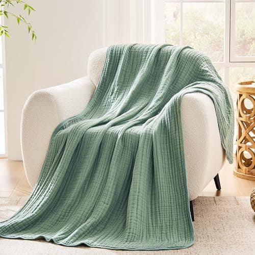 VANJOROY 100% Natural Cotton Throw Blanket, 6-Layer Muslin Organic Soft Cozy Lightweight Large Bed Throw for Sofa and Armchair - All Season Gauze Blanket,Green-130x150cm — view 2
