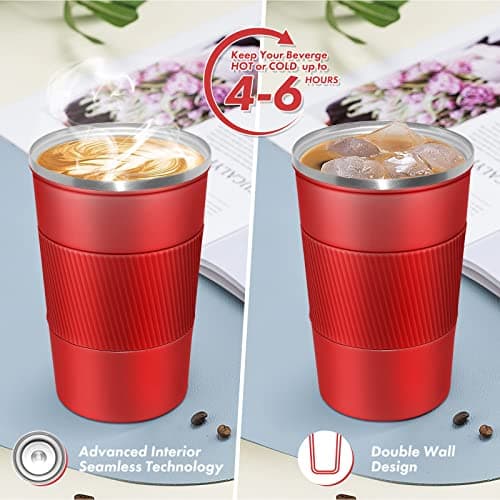 EALLEN Travel Mug with Leakproof Lid,Insulated Reusable Coffee for Hot&Cold Drinks/Tea,Portable Stainless Steel Thermal Takeaway Cup Car/Outdoor/Picnic/Office/School (Red) — view 4