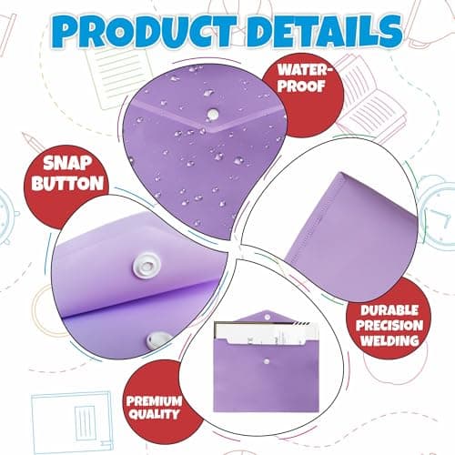 M1SS Pack of 10 Plastic Wallets A4 [33 x 23cm] Waterproof Plastic Folders for Documents Purple Popper Wallet A4 with Snap Button for Home, Office, School and Travel Stationary Paper Filing — view 3