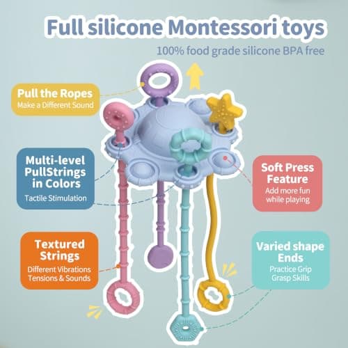 ETETOO Montessori Pull String Toy, Food Grade Silicone Early Development Toy, Fine Motor Skills Travel Toy, Sensory Gifts (Blue) — view 4