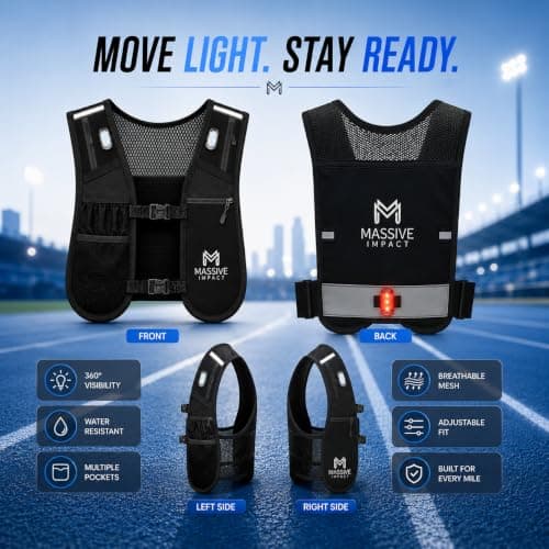 Massive Impact Running Vest with Water Bottles (2×500ml) & 3 LED Lights | Lightweight Reflective Hydration Vest with Phone Holder & 6 Pockets | Adjustable Running Backpack for Men & Women — view 6