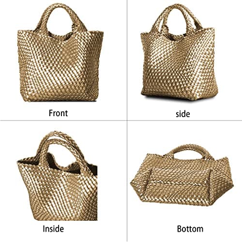 Dyalsa Woven Tote Bag for Women, Vegan Leather Handbag Large Summer Beach Bag and Purse Retro Handmade Travel Shoulder Bag (Gold) — view 4