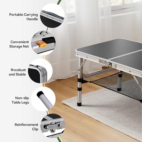 Warmiehomy Folding Camping Table, 3 Adjustable Height, Max 60cm Aluminum Picnic Table with Storage Net & Carry Handle, Portable Grill Table for Camping, Picnic, Backpacking, RV, BBQ, 60X40cm, Black — view 4