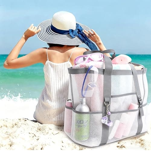 MUNKST Large Mesh Pool Tote Bag,Beach Bags for Women with Zip Waterproof Pocket,Summer Holiday Essentials Family Travel Bag,Reusable Shopping Grocery Shoulder Bag for Picnic Gym School (white) — view 3