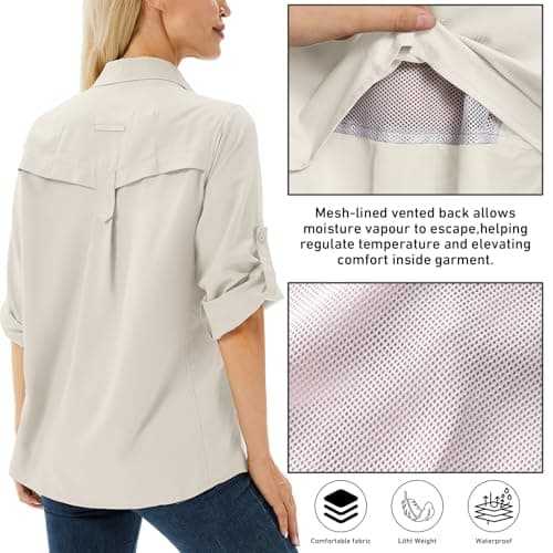Winebox Women's UPF 50 Shirts Long Sleeve Sun Protection UV Quick Dry Casual Outdoor Safari Walking Fishing Hiking Travel Shirts(Light Khaki-l) — view 3