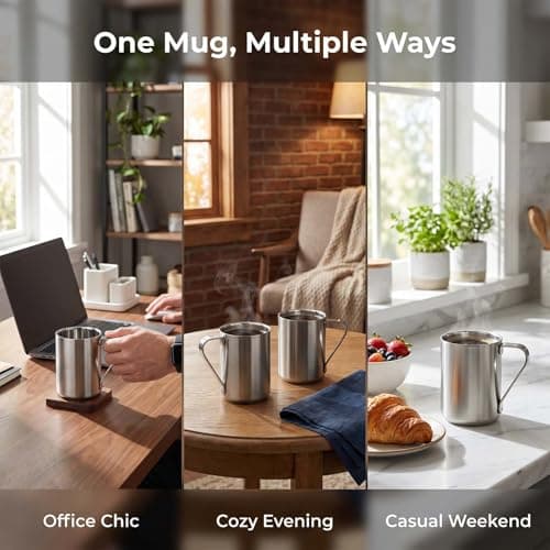 Focenat Set of 2 Stainless Steel Coffee Mugs, 300 ml Double Walled Insulated Cups with Handle, Metal Thermal Mug for Travel Home Office, Unbreakable Silver — view 6