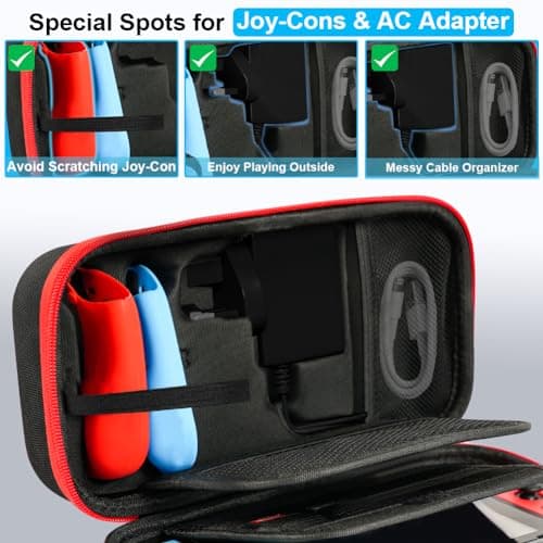 Aolso Switch Carrying Case Compatible with Nintendo Switch/Switch OLED, Portable Hard Shell Pouch Carrying Travel Game Bag with 20 Game Cartridge, Travel Carry Case Fit Joy-Con and AC Adapter (Red) — view 4