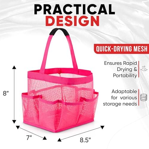 Masirs Shower Caddy Mesh - 9 Pocket Portable Bathroom Organizer Tote for Travel, Gym & Dorm - Collapsible Small Shower Caddy Bag to Hold Toiletries & Essentials (Pink) — view 2