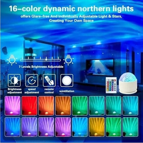Neioaas 2 in 1 Northern Lights Projector, 16 Color Aurora Night Light Projector,Remote Galaxy Light Projector,USB Recharge Ocean Wave Projector for Playroom Birthday Kids Teen Gift (Aurora & Wave) — view 6