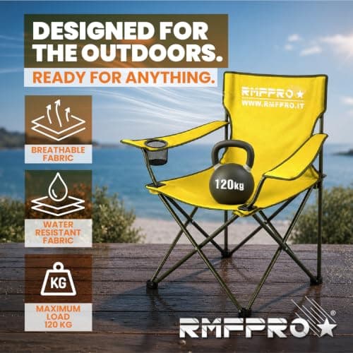 RMF PRO Folding Camping Chair with Comfortable and Relaxing Seat, Portable Beach Chair with Cup Holder - Sea and Garden Chair, Lightweight Transportable Outdoor Chair 120 Kg Yellow — view 2
