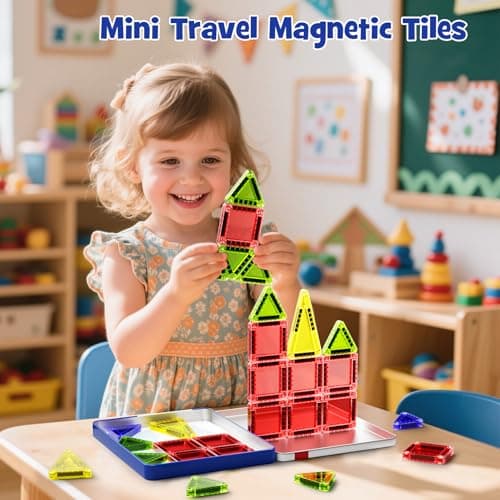 Travel Magnetic Tiles, 26-piece Mini Magnetic Tile Blocks, STEM Travel Magnet Building Tile Set with Iron Box for 3+ years old boys girls Montessori Travel Toys — view 2