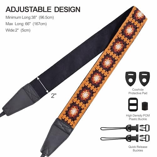 Padwa Lifestyle Yellow Crochet Camera Strap - 2" Full Grain Leather Ends Camera Straps for Photographers, Vintage Embroidered Cotton Soft Suede Fabric Padded Strap with Quick Release fits All Cameras — view 6