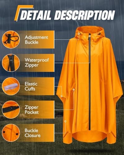 Snowalva Poncho Waterproof Adult 2024 Newly Upgraded Fabric Zipper Lightweight Reusable Rain Poncho Adult Waterproof Traveling Festival Poncho Waterproof Adult for Outdoor Camping Cycling Orange — view 4