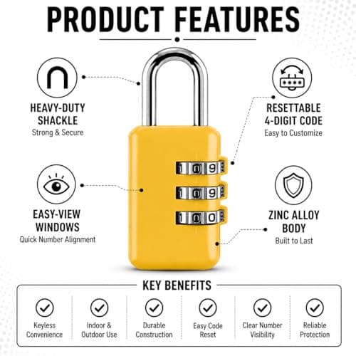 Travel Padlock Combination Padlock 3 Digit Security Lock Heavy Duty Keyless Padlock for Suitcases Luggage Gym Lockers Backpacks & Travel Bags Lock Assorted Colour (Pack of 1) — view 4