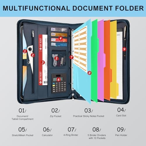 Leathario Portfolio Folder A4, Vegan Leather Conference Folder, 4-Ring Travel Document Holder with 5 5-Part File Dividers, Multi-Pocket Document Folder Organiser, Office Supplies — view 4
