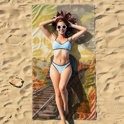 Vintage Train Travel Poster Beach Towel Retro Railroad Gifts for Train Lover Microfiber Sand Free Quick Dry Travel Bath Towel (style3,130cm x 80cm) — view 4
