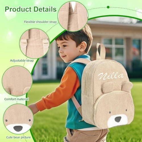 Personalised toddler backpack Corduroy Teddy Bear Backpack for Toddlers | Embroidered Name Kids Nursery Bag for Boys Girls Preschool Travel (Blue) — view 6