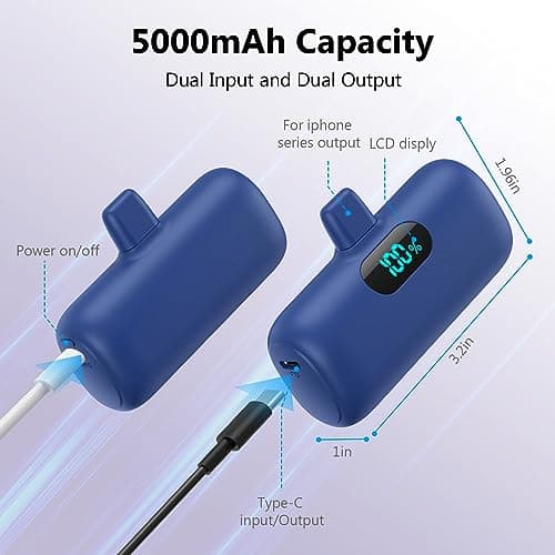 5000mAh Mini Power Bank for iPhone, Upgraded 15W PD Fast Charging Portable Charger, LCD Display 3.0A Small Battery Pack Compatible with iPhone 14/14 Pro Max/13/13 Pro Max/12/11/XR/X/8/7/6 etc-Blue — view 5