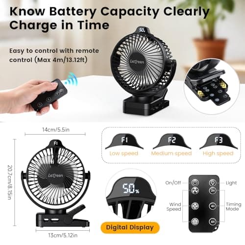 LETREEN 15000mAh Clip on Fan, 3 in 1 Rechargeble USB Desk Fan, Black — view 4