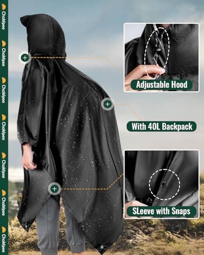 Chakipee Rain Waterproof Poncho Adult Reusable Rain Cape Lightweight with Transparent Pocket, Packable Poncho Multi-Purpose for Travel, Hiking, Camping, Festival Black — view 6