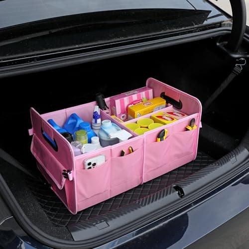 austoces Car Boot Organizer,Collapsible Durable Multi Compartments Car Storage Organiser With Adjustable Straps (Pink) — view 4