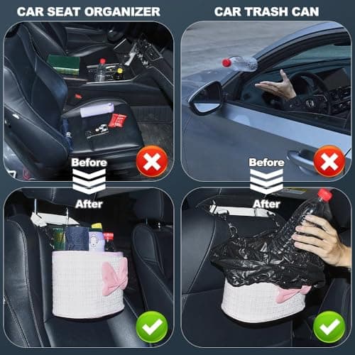 JSCARLIFE Car Seat Back Hanging Bag,PU Leather Car Back Seat Organizer Hanging Cotton and linen fabric Car Storage Box Travel Tidy Pouch Pocket Car Trash Can for Most Vehicles (Pink) — view 6