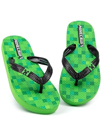 Minecraft Creeper Kids Sandals | Green Flip Flop Sliders For Boys & Girls | Block Pixel Game Villain Summer Shoes | Fun Slip-on Beach Footwear Merchandise Gift for Children and Teens