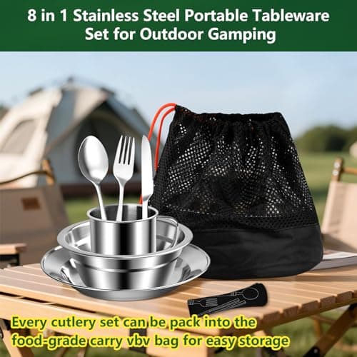MYHOGOOD Camping Cutlery Set,Stainless Steel Tableware Mess Kit with Plates Cups Forks Spoons Knives,8 in 1 Flatware Dinnerware Utensils Set with Mesh Bag for Outdoor Camping Hiking Picnic(1, Silver) — view 4