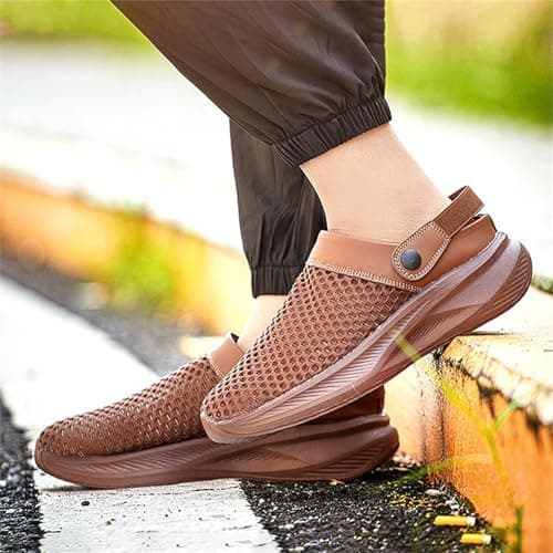 Mens Wide Fit Sandals Mesh Hollow Sliders Back Strap Closed Toe Slippers ArchSupport Orthopedic Platform Casual Hiking Walking Outdoor Breathable Lightweight Shoes (Brown, 7.5) — view 4