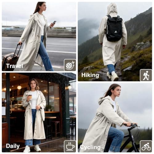 SOPPY Women's Long Waterproof Raincoat, Lightweight Hooded Rain Jacket, Beige, XL — view 2