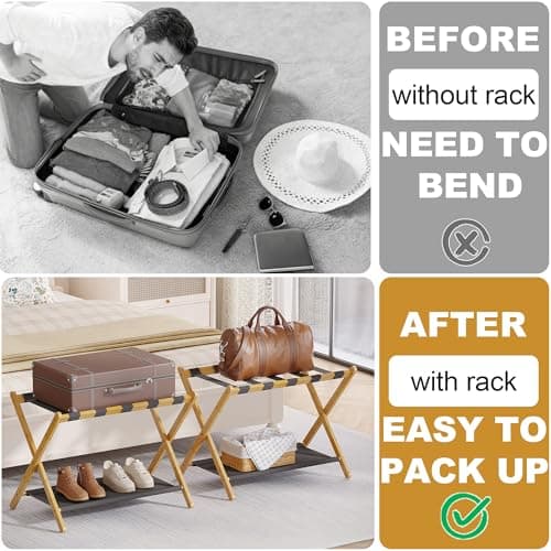 BAMBOOHOMIE Bamboo Luggage Rack for Guest Room, 26.77" Folding Wide Suitcase Stand with Fabric Storage Shelf, Luggage Stand Holder for Bedroom Hotel, Luggage Rack for Suitcasess (2 Pack - Natural) — view 4