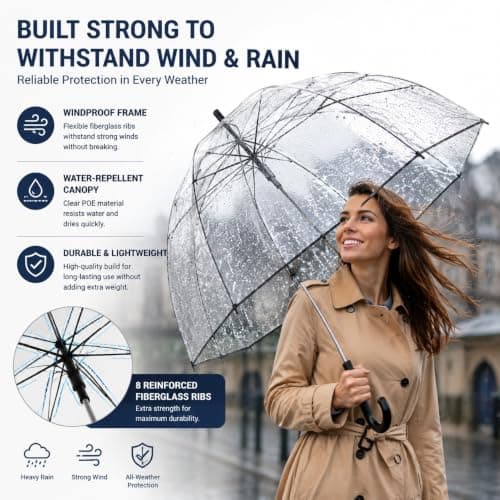 2 Pcs Black Clear Bubble Umbrella Transparent Dome Rain Umbrella Windproof See Through Canopy Fiberglass Frame Large Coverage Wedding Photography Prom Graduation Outdoor Events Travel Men Women, Black — view 5