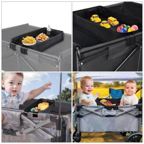 JEWEDECO Black Canvas Stroller and Lightweight Design Snack Tray with Adjustable Push Handle Universal Tray for Carriage, for Outdoor Walks and Travel — view 4