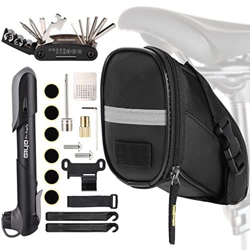 Waterproof Saddle Bag with Bike Repair Tool Kits – Bicycle Storage Bag,Multi Tool Puncture Repair Kits Includes Tyre Spoons, Glueless Tyre Pads and Bicycle Valve Adapter(Saddle Bag with Multi Tools)
