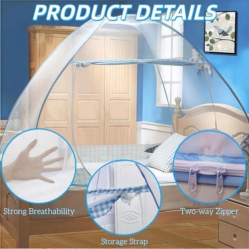 Digead Mosquito Net, 100x200cm Bed Canopy, Portable Travel Mosquito Nets, Foldable Single Door Mosquito Camping Curtain-Blue Edge — view 6