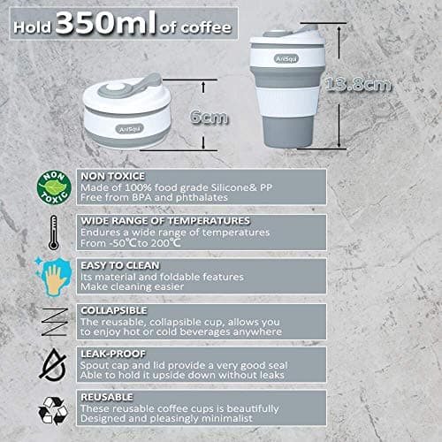 AniSqui Collapsible Coffee Cup Silicone with Lids, 12oz 350ml (Gray) — view 2