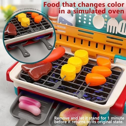 Kids BBQ Grill Toys Set, Kids Pretend Kitchen Role Play Set, Kitchen Toy Set with Spray Sound & Color-Changing Food 30+ PCS Play Kitchen Accessories,Simulation Camping Cooking Interactive Toys (Pink) — view 3