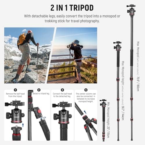 NEEWER 66"/168cm Carbon Fiber Camera Tripod with 360° Ball Head, N55C — view 6