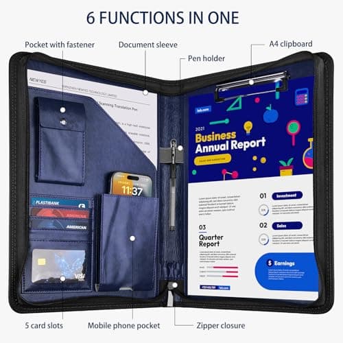 NEWYES PU Leather Zipper Conference Folder A4, Gifts for Men & Women, Travel Document Portfolio, Personal Agenda Organizer Folder, Blue — view 5
