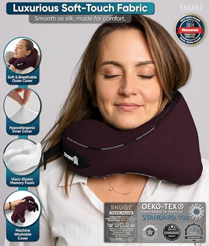 SNUGL Travel Pillow – Memory Foam Neck Pillow for Travel – Support Cushion for Airplane with Carry Bag & Clip - Holiday Essentials (Dark Red - Adult Small) — view 6